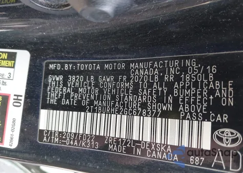 2016 Toyota Corolla S Plus from USA, damaged, VIN 2T1BURHE2GC678377